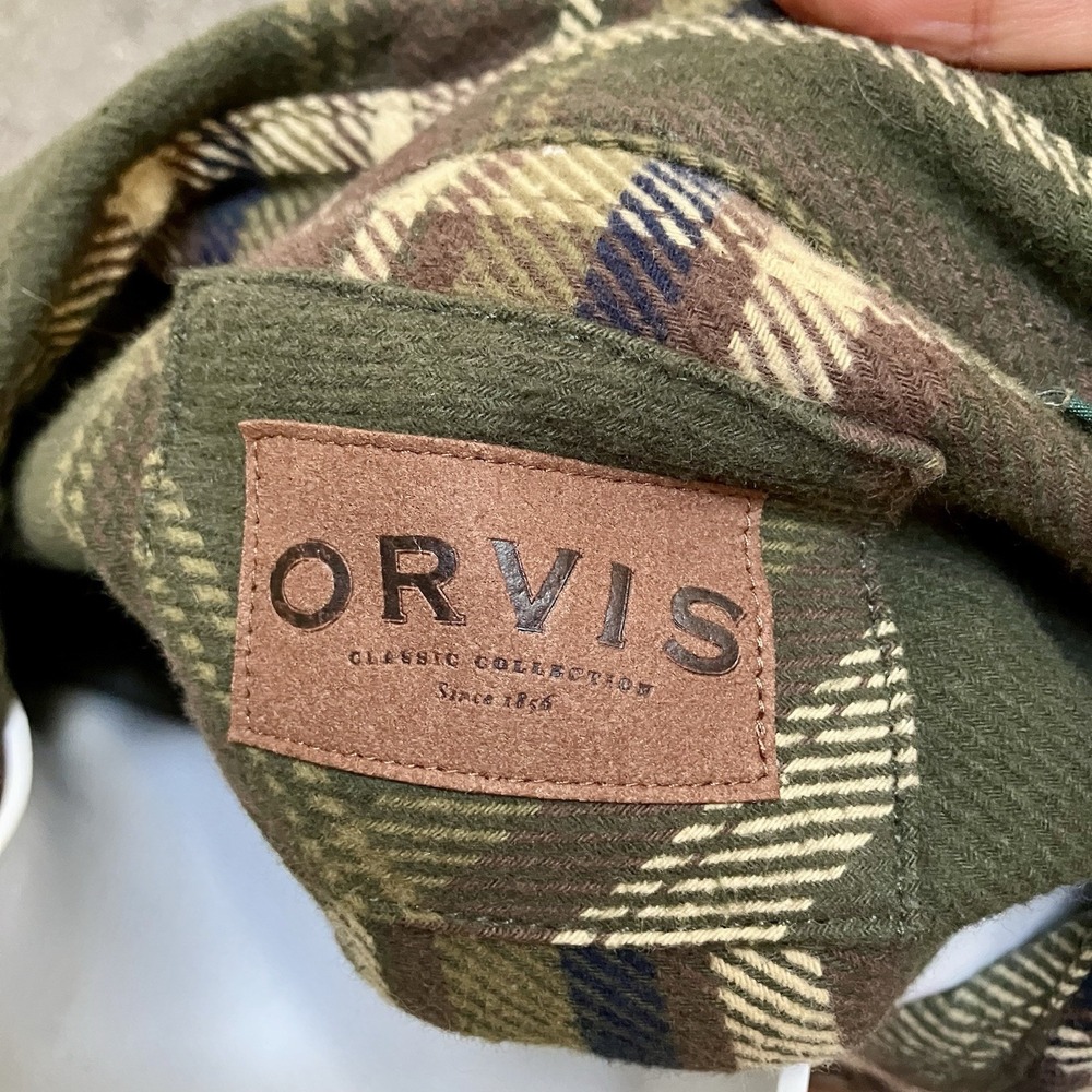 Orvis Men's Sz XL Heavy Green Brown Plaid Flannel Shirt Jacket Shacket Fisherman - Picture 7 of 8